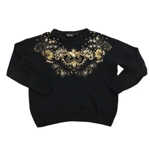 VTG Black Jeweled Sweater Sz L Black Ramie Bejeweled Beads Crew Neck Goth Party